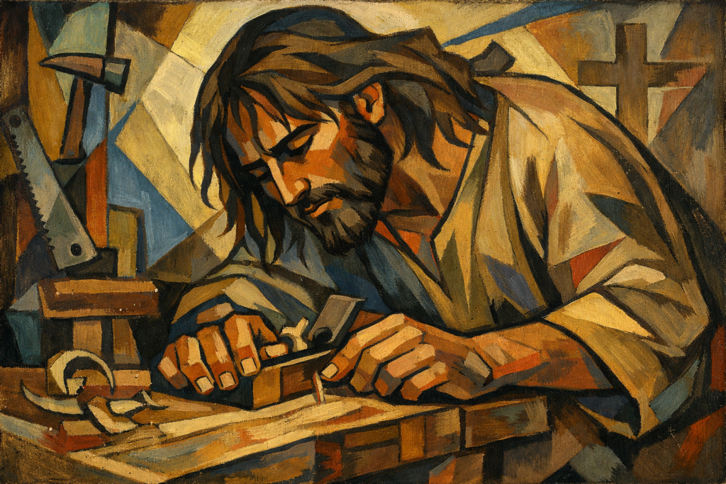 A Cubist-style painting of Jesus as a carpenter, head bowed in concentration as He planes a wooden board, with geometric shapes and warm earthy tones suggesting tools and a faint cross in the background.